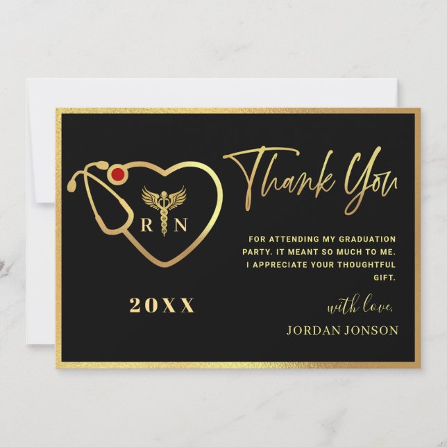 Gold Black Modern Nursing School Graduation Thank You Card (Front)