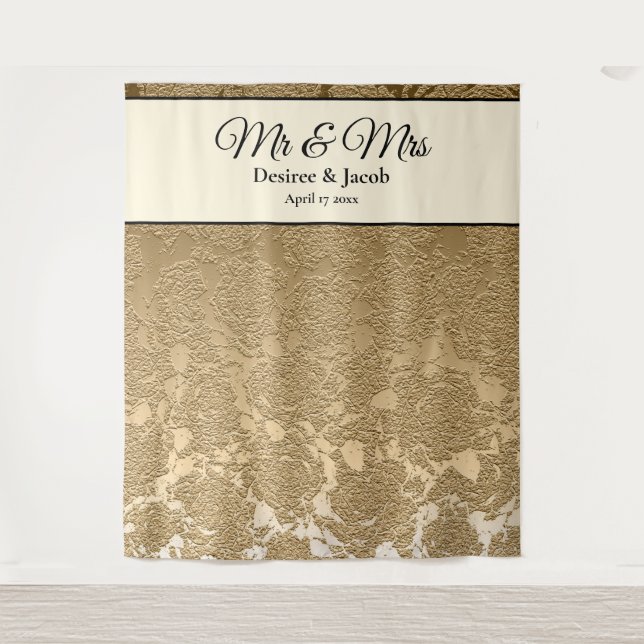 Gold Black Modern Photo Booth Wedding Backdrop Tapestry (Front)