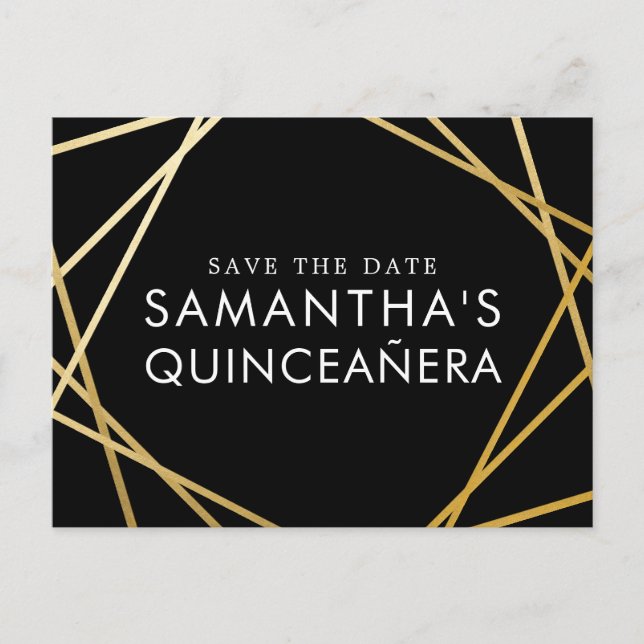 Gold Black Modern Quinceañera Save the Date Announcement Postcard (Front)