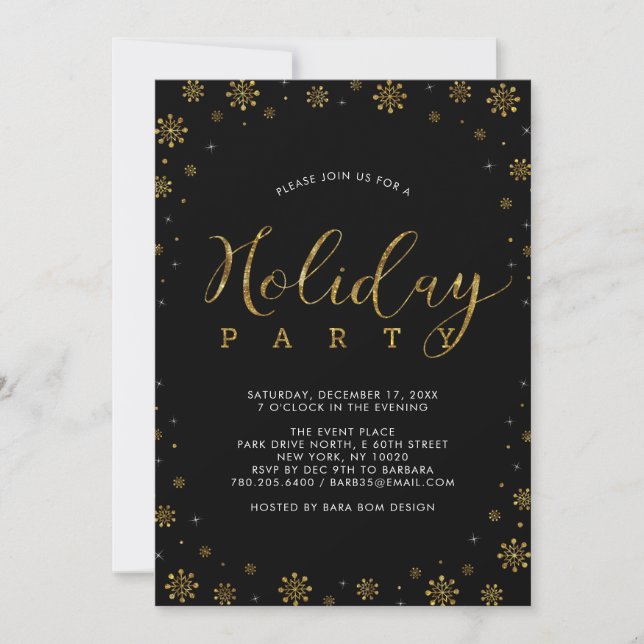 Gold & Black | Modern Snowflakes Holiday Party Invitation (Front)