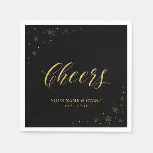 Gold & Black   Modern Sparkle Cheers Custom Party Napkin