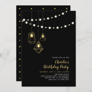 Gold & Black   Modern String Lights Birthday Party Invitation