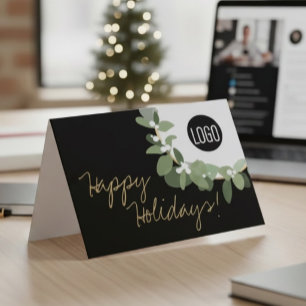 Gold black Modern Wreath Your Logo Company Holiday Card