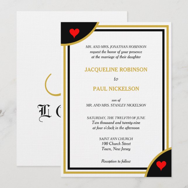 Gold Black Monogram Geometric Wedding Red Hearts Invitation (Front/Back)