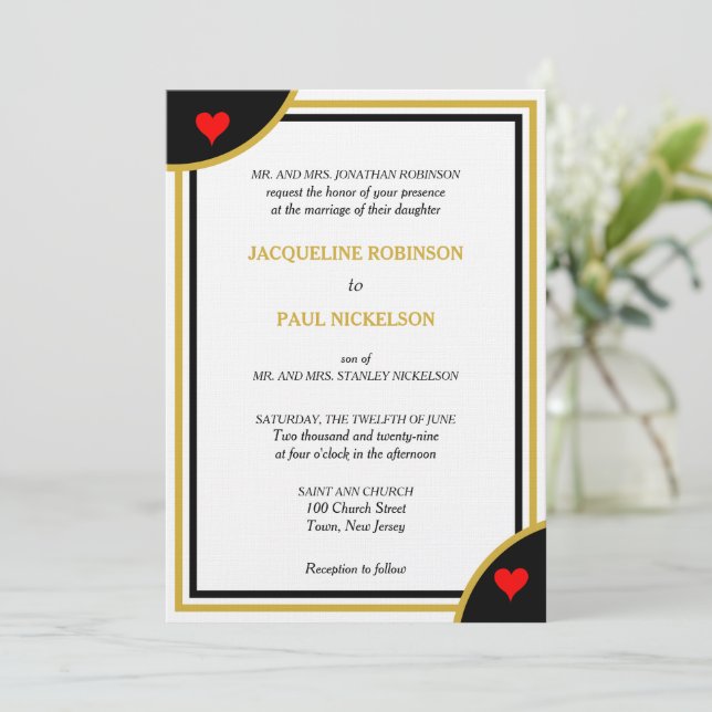 Gold Black Monogram Geometric Wedding Red Hearts Invitation (Standing Front)