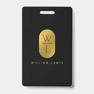 Gold & Black Monogram Modern Minimalist ID Badge