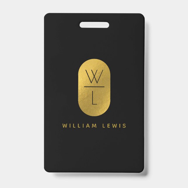 Gold & Black Monogram Modern Minimalist  ID Badge (Front)
