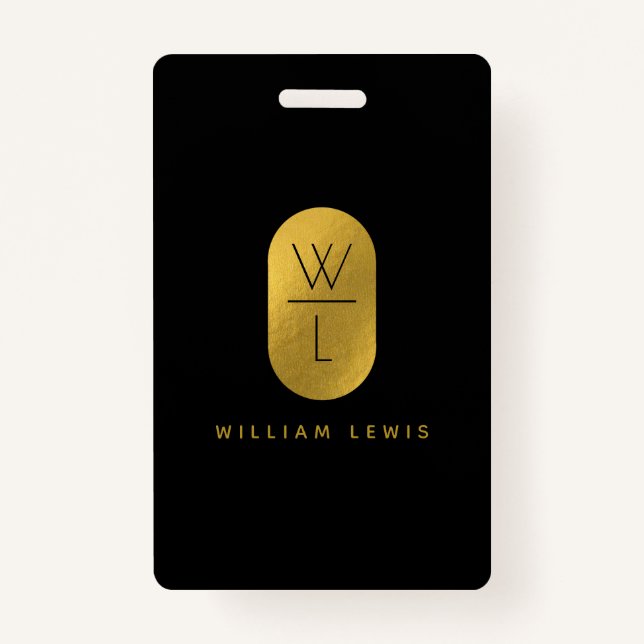 Gold & Black Monogram Modern Minimalist  ID Badge (Front)