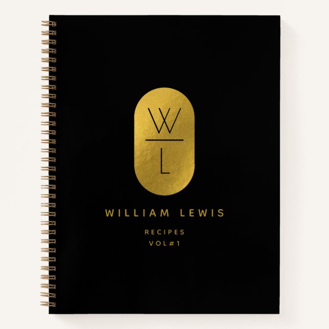 Gold Black Monogram Modern Minimalist Recipe Notebook (Front)