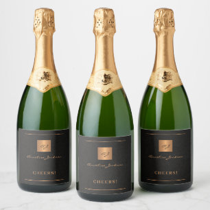 Gold black monogram name script  sparkling wine label
