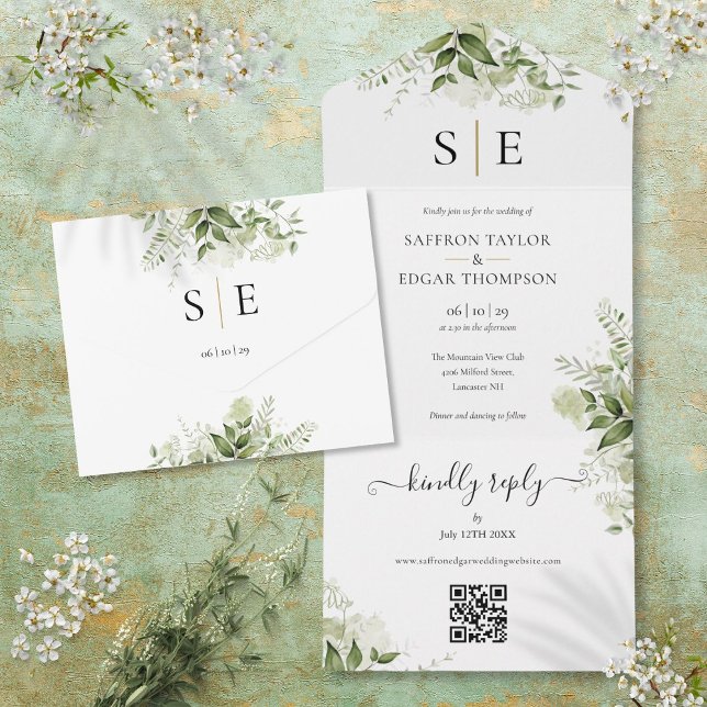 Gold Black Monogram QR Code Greenery Wedding All In One Invitation (Gold Black Monogram QR Code Greenery Wedding All In One Invitation)