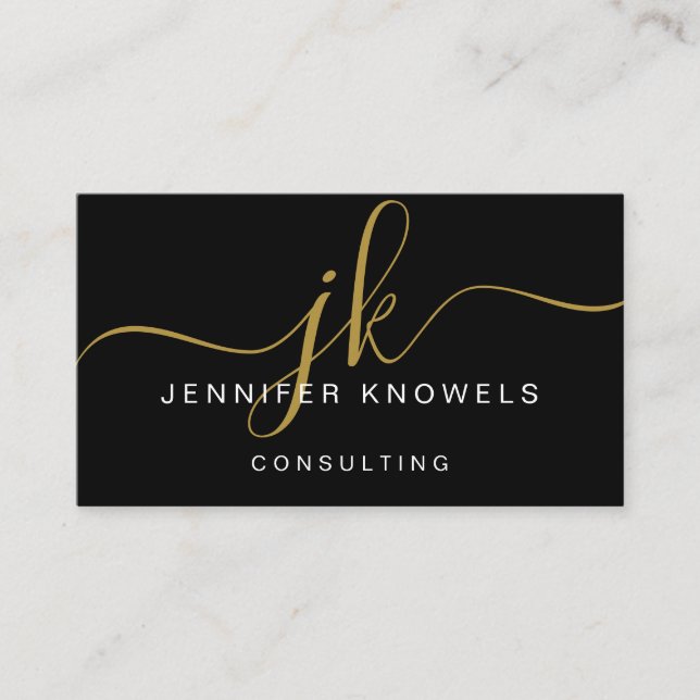 Gold Black Monogram Script Minimal Open Covid Business Card (Front)