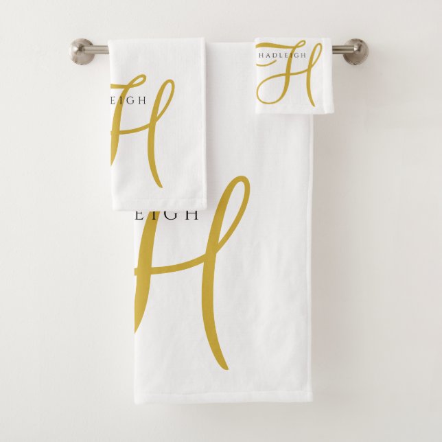 Gold Black Monogram White Bath Towel Set (Insitu)