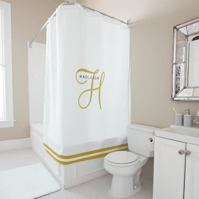 Gold Black Monogram White Shower Curtain (In Situ)
