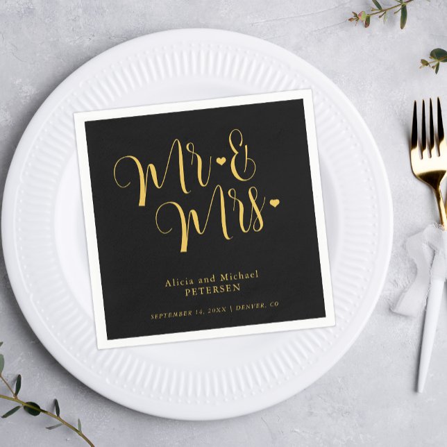 Gold black Mr and Mrs elegant script wedding Napkin (Creator Uploaded)
