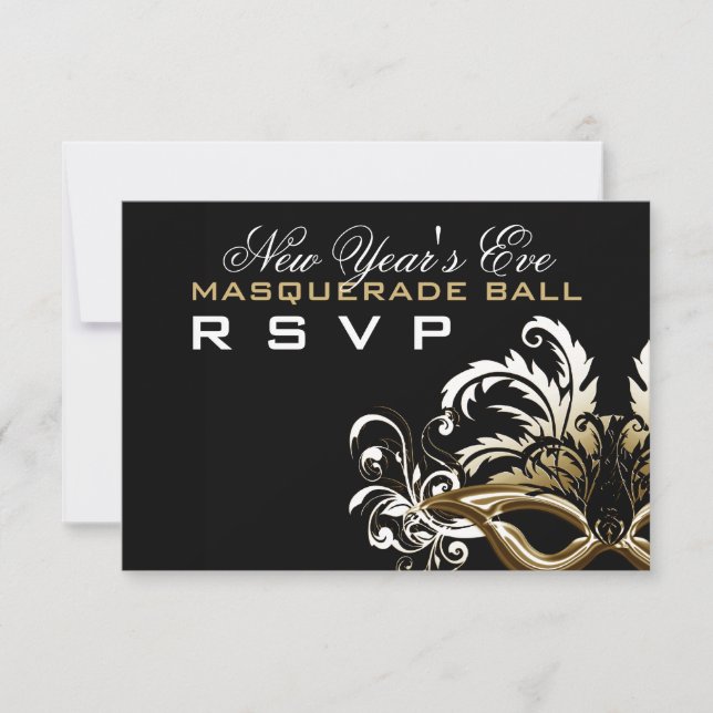 Gold/Black New Years Eve Masquerade Ball RSVP Card (Front)
