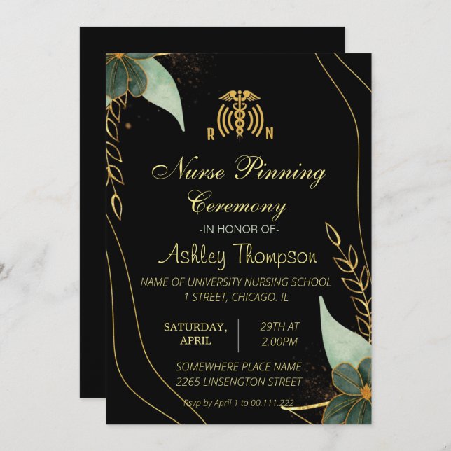 Gold Black Nursing Pinning Ceremony Invitations (Front/Back)