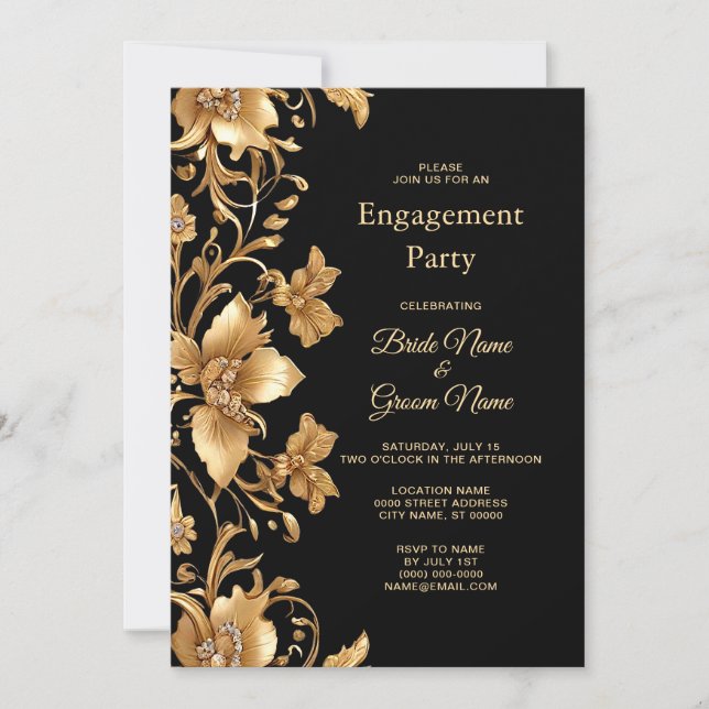Gold Black Ornate Floral Engagement Invitation (Front)
