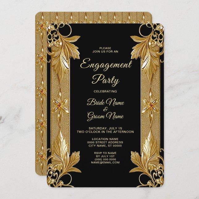 Gold Black Ornate Floral Engagement Invitation (Front/Back)