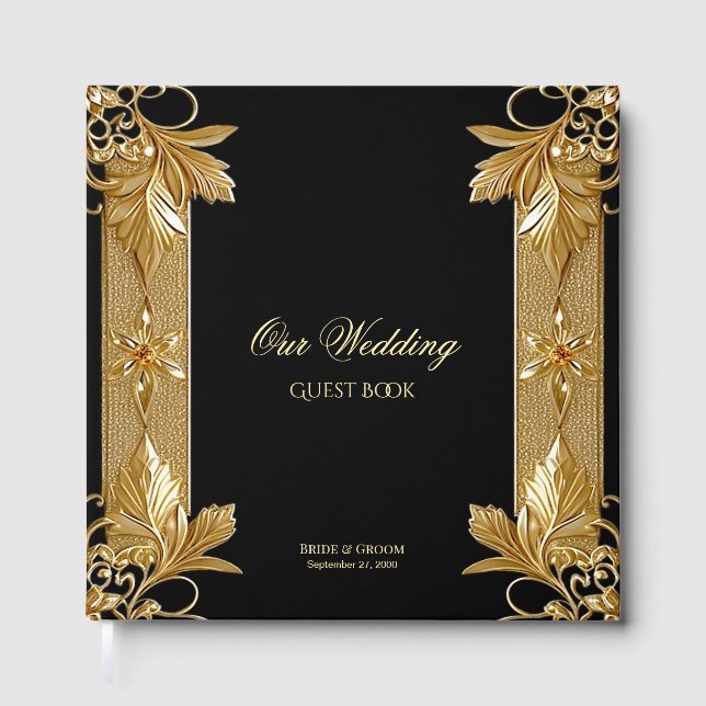 Gold Black Ornate Floral Guest Book (Front)