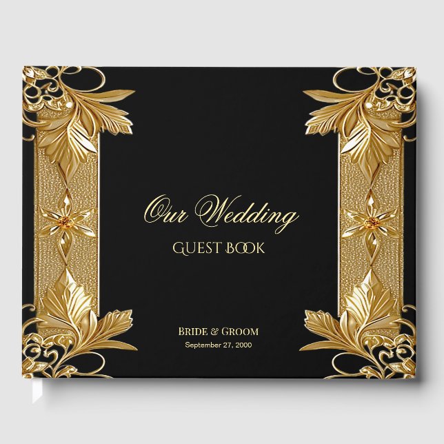 Gold Black Ornate Floral Guest Book (Front)