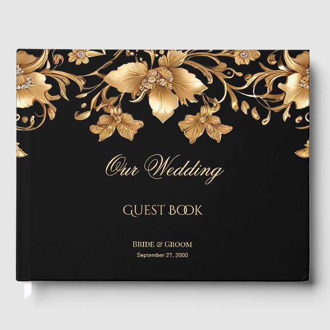 Gold Black Ornate Floral Guest Book (Front)