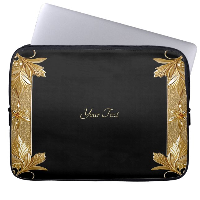 Gold Black Ornate Floral Laptop Sleeve (Front)