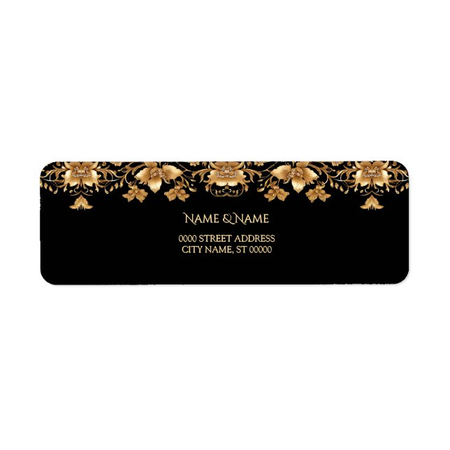 Gold Black Ornate Floral Return Address Label (Front)