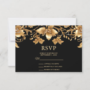 Gold Black Ornate Floral RSVP Card