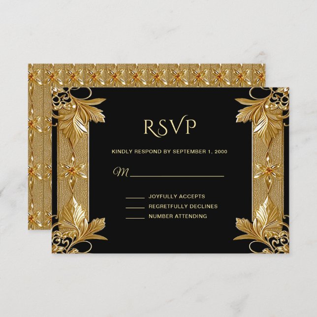 Gold Black Ornate Floral RSVP Card (Front/Back)