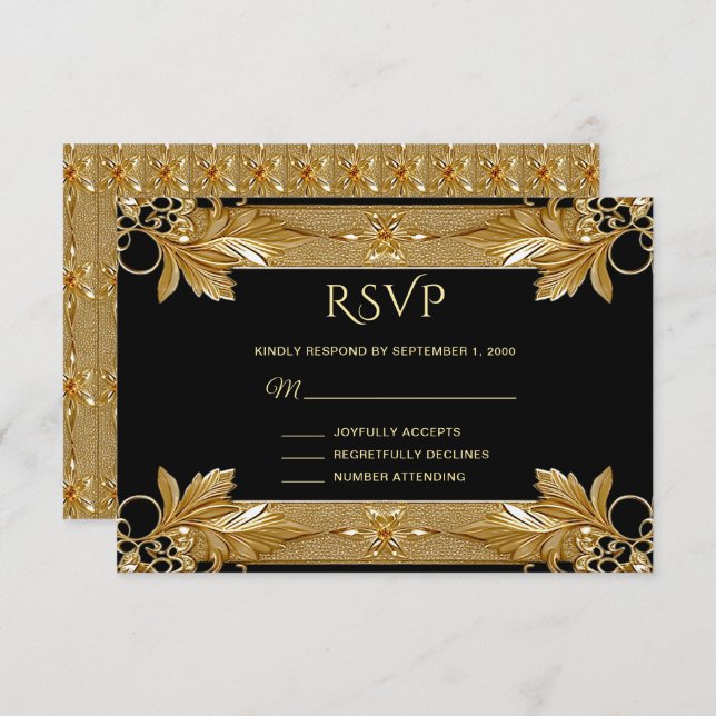 Gold Black Ornate Floral RSVP Card (Front/Back)
