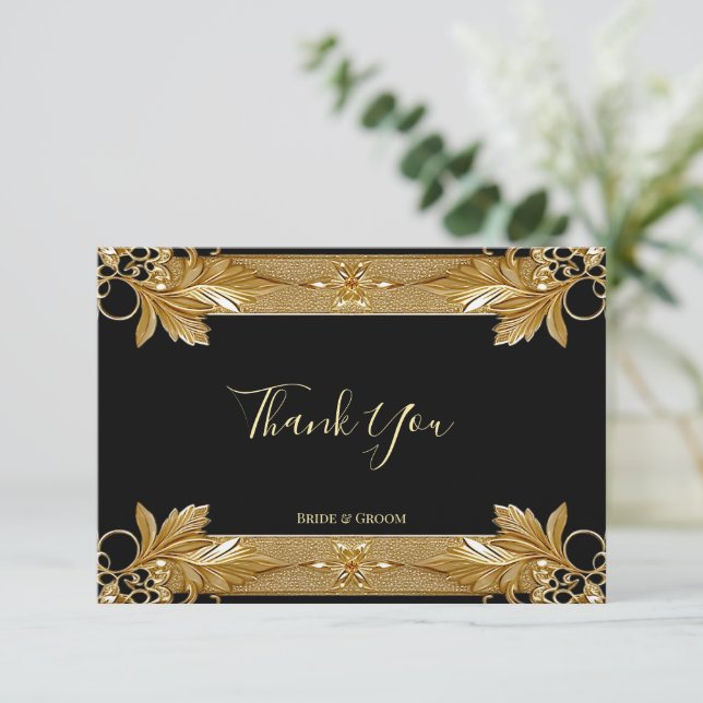Gold Black Ornate Floral Thank You Card (Standing Front)