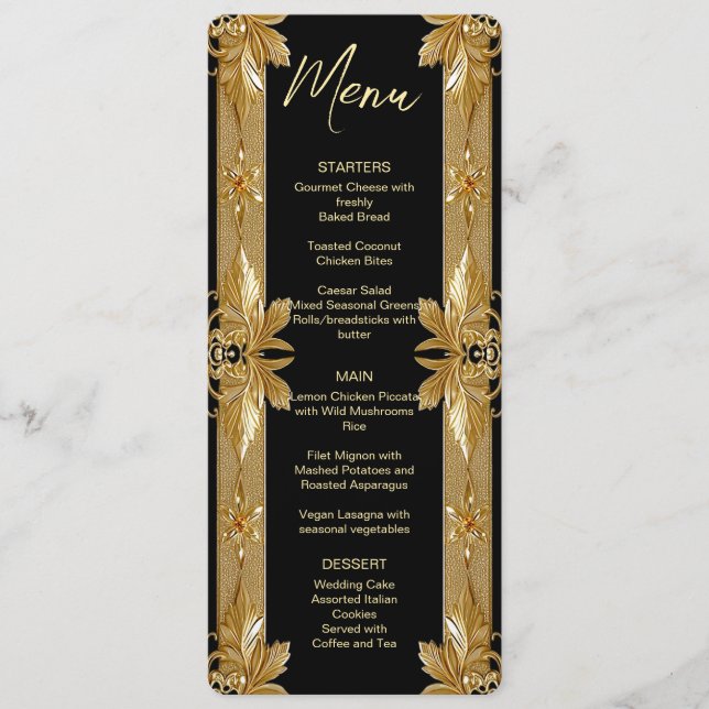 Gold Black Ornate Floral Wedding Menu (Front)