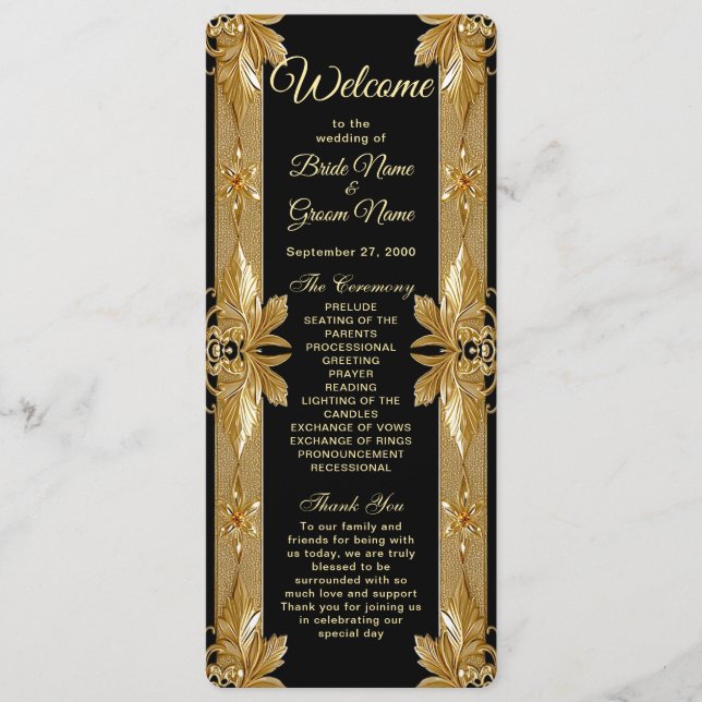 Gold Black Ornate Floral Wedding Program Programme (Front)