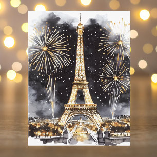 Gold Black Paris Eiffel Tower Happy New Year Holiday Postcard