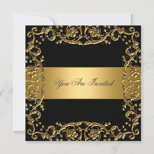 Gold Black Party Invitation Floral Frame (Front)