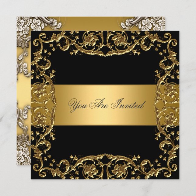 Gold Black Party Invitation Floral Frame (Front/Back)