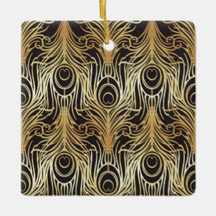 gold, black,peacock pattern,art nouveau,vintage,be ceramic ornament