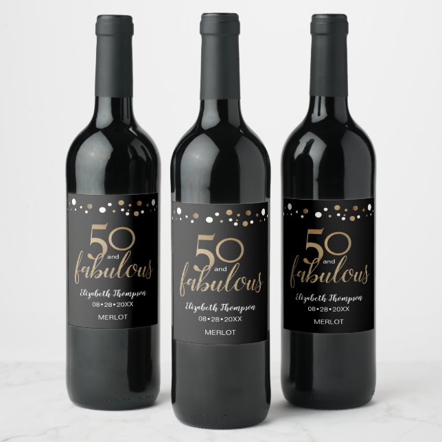 Gold black Personalised 50 and Fabulous Wine Name Label (Bottles)