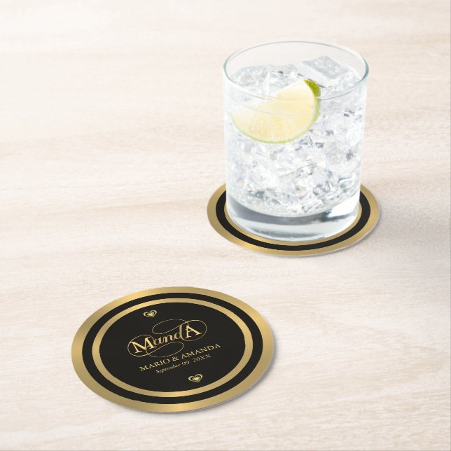 Gold Black Personalised Wedding Monogram Round Paper Coaster (Insitu)