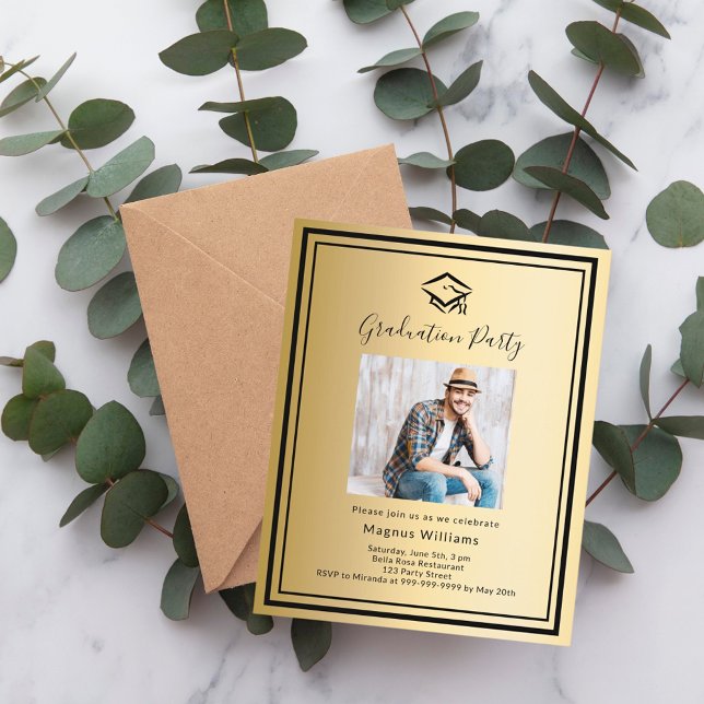 Gold black photo cap Graduation Party invitation (Creator Uploaded)