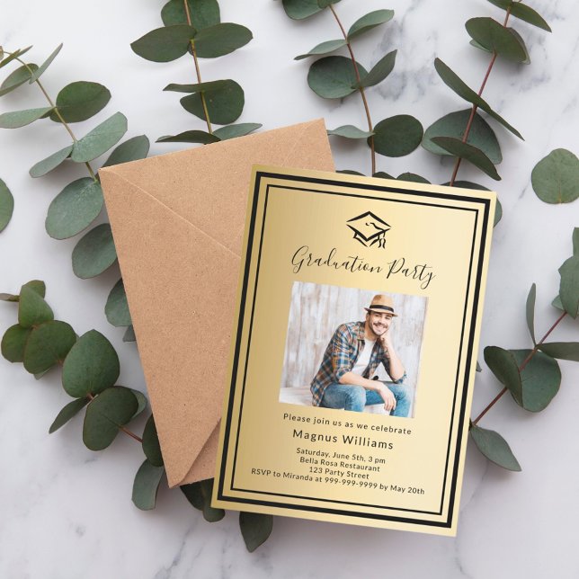 Gold black photo cap Graduation Party Invitation (Creator Uploaded)