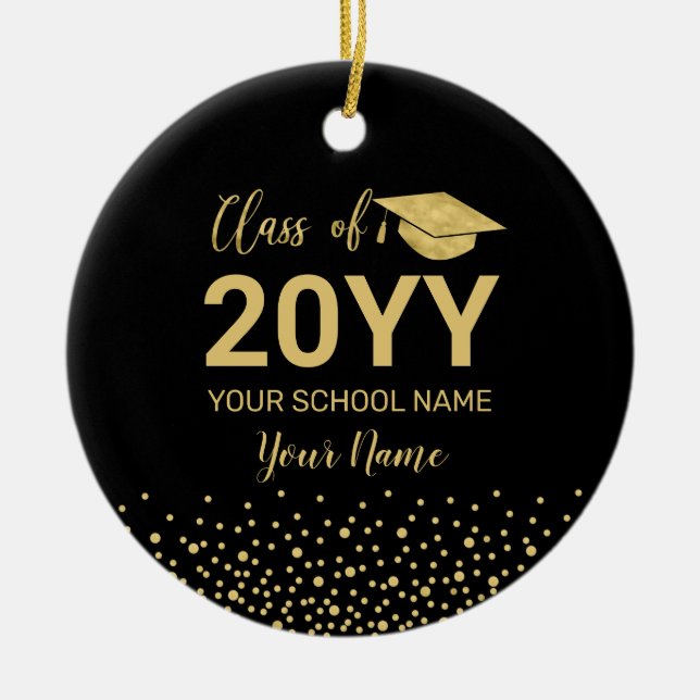 Gold & Black Photo Graduation Christmas Gift Ceramic Tree Decoration (Front)