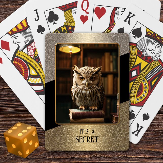 Gold Black Photo Secret Playing Cards (Deck of cards featuring a gold glitter and black design with your photo or owl on books image)