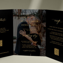 Gold black photo wedding RSVP details QR code 