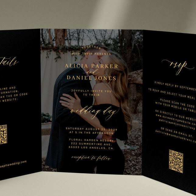Gold black photo wedding RSVP details QR code  Tri-Fold Invitation (Creator Uploaded)