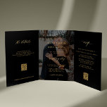 Gold black photo wedding RSVP details QR code  Tri-Fold Invitation<br><div class="desc">Modern simple minimal typography trendy faux gold typography black all in one budget wedding invitation template with 2 photos, rsvp and details with scanning QR codes featuring a chic trendy calligraphy script and dark overlay. Easy to personalise with one or two custom photos (you can upload the same photo on...</div>