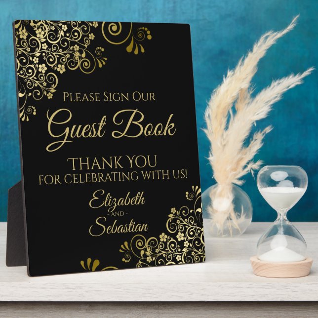 Gold & Black Please Sign Our Guest Book Wedding Plaque (Side)