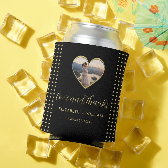 Gold & Black Polka Dot Personalised wedding Can Cooler (In Situ Summer)