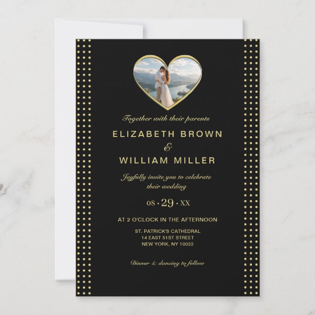 Gold & Black Polka Dot Personalised wedding Invitation (Front)